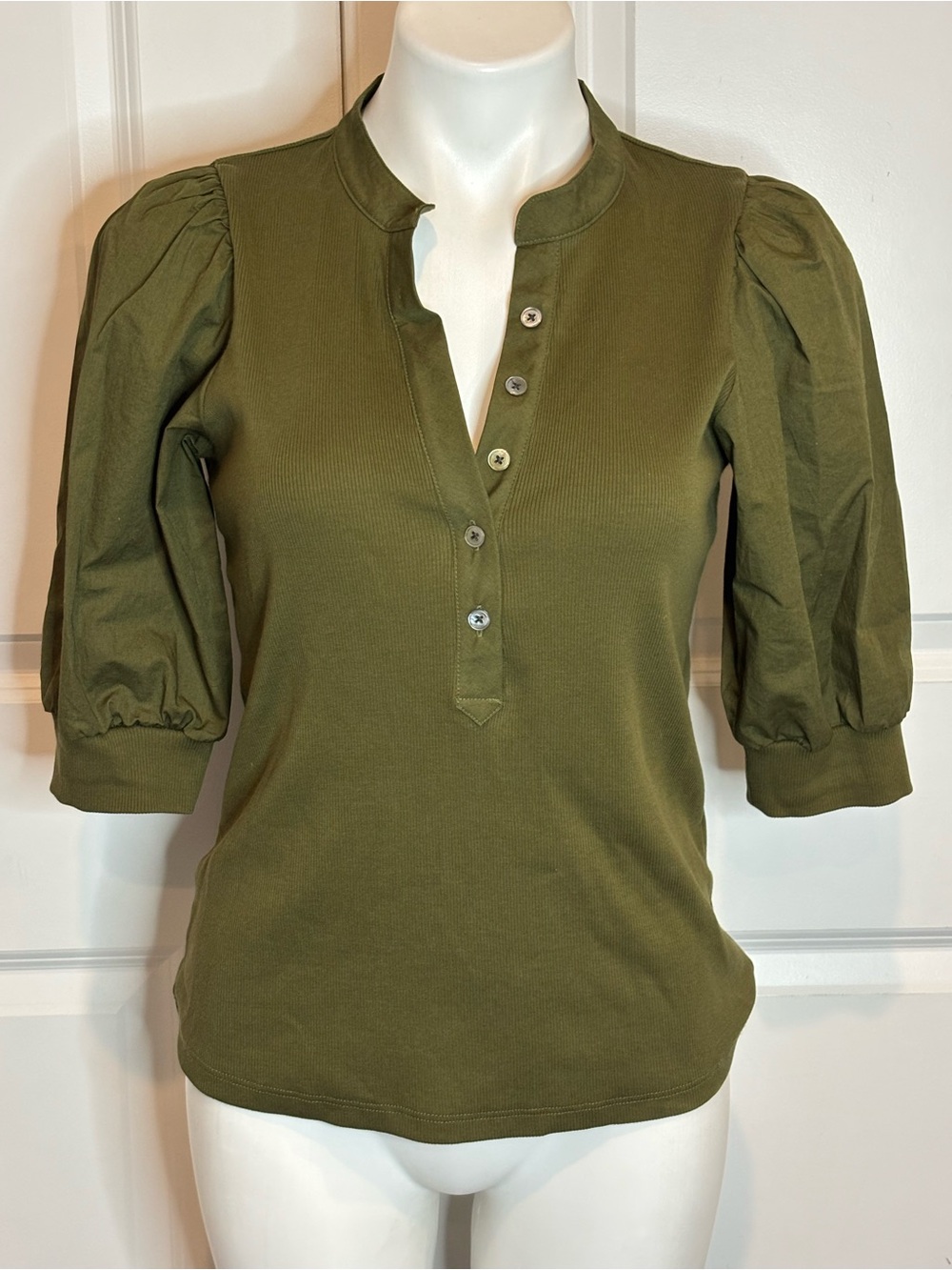 Veronica Beard Coralee Puff Sleeve Ribbed Henley Top Olive Green S
